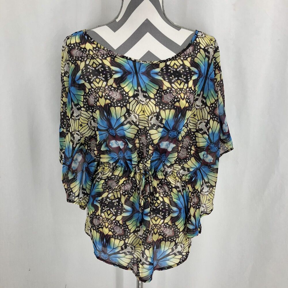 Volcom Floral Sheer Oversized Crop Top Blouse Blue Yellow Purple Black Small YY2